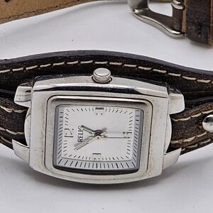 Relic Watch Women Silver Tone Rectangle Brown Leather Cuff Band